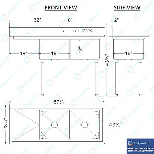 Image of AmGood Stainless Steel Prep & Utility Sink | 304 Stainless Steel | Restaurant, Kitchen, Laundry, Garage | NSF (23 in. x 57 in. | Two Bowls | Left Drainboard)