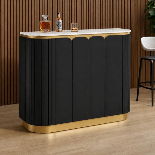 Image of The Attic Carlston Bar Cabinet for Home, Hard and Soft Drinks Bar Storage Cabinet, Wine Whisky Scotch, Solid Mango Wood, Black Matte Finish with Ceramic Marble Top