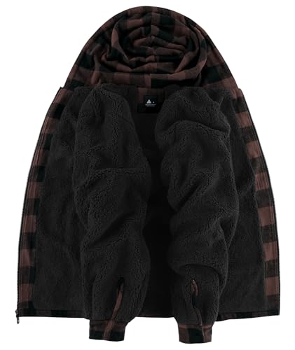 Image of V VALANCH Men's Flannel Shirt Jacket with Hood Fleece Lined Plaid Jacket Zip Up Winter Warm Coat