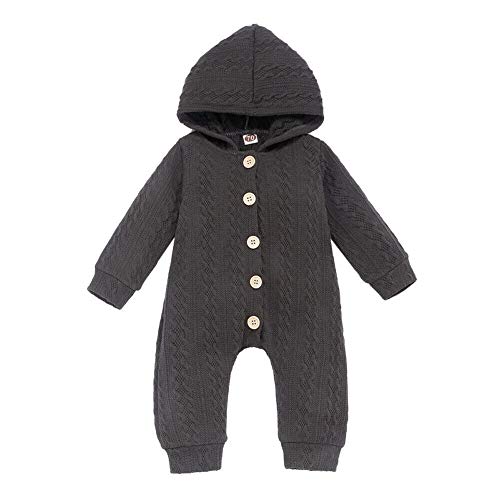 mlpeerw Newborn Baby Knit Hooded Romper Boy Girl Long Sleeve Button One Piece Sweater Jumpsuit Fall Winter Warm Clothes (Grey,0-6 Months)