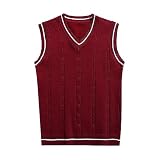 Veste en tricot sans manches pour homme 2025 - Veste de style trench à col en V avec bordure rayée - Grande taille, bordeaux, M