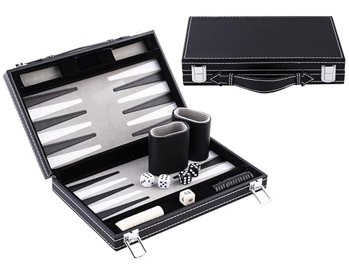 Backgammon de voyage de poche de 28 cm compact gris en simili cuir Engelhart