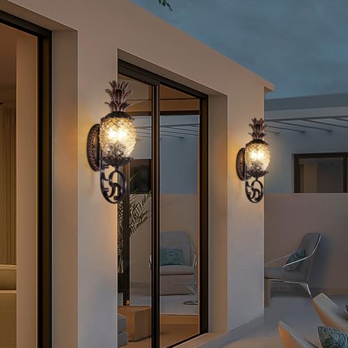 Image of Pineapple Outdoor Wall Sconce, 3-Light E12 Candelabra Base, Waterproof Aluminum Porch Light with Clear Diamond Glass, Tropical Coastal Wall Lamp for Entryway, Patio, Front Door