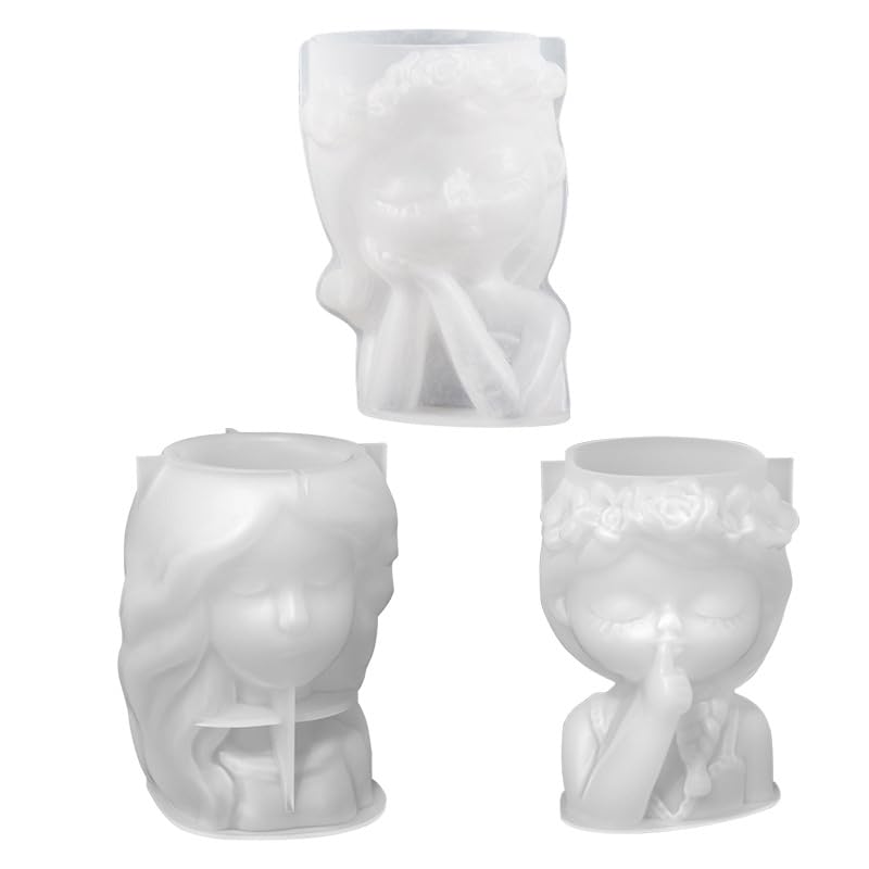 3pcs Girl Flower Pot Mould Silicone Plant Pot DIY Mould Resin Candle Holder Clay and Plaster Mould Home Desktop Ornament