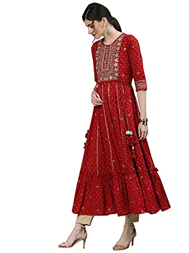 Image of Ishin Women's Cotton Regular Fit Anarkali Embellished Zari Embellished Print Red Kurti