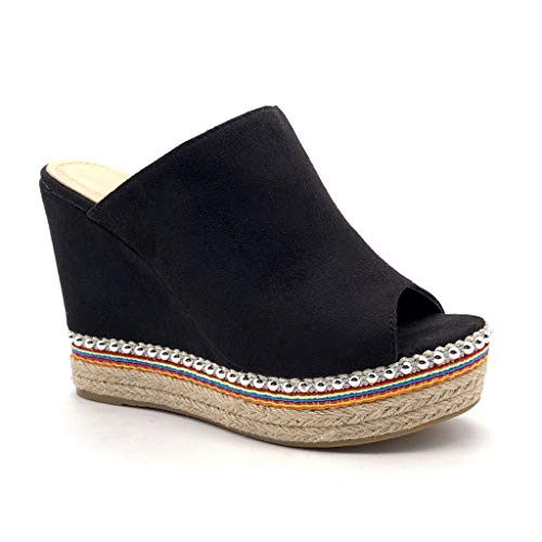 Angkorly - Chaussures Mode Espadrilles Sandales Vintage/rétro Confortable Plateforme Femme avec de la Paille Perle Talon Compensé Plateforme 11.5 CM - Noir 5-88-285 T 40 Cover