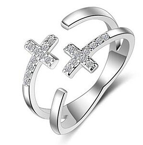 BROWOL Double Croix Bague de Fiançailles Zircone Cubique Argent La Bague Boowhol Réglableet Phalange Orteil Avec Un écrin Cadeau Pour Femme Fille- Idée Cadeau Noël