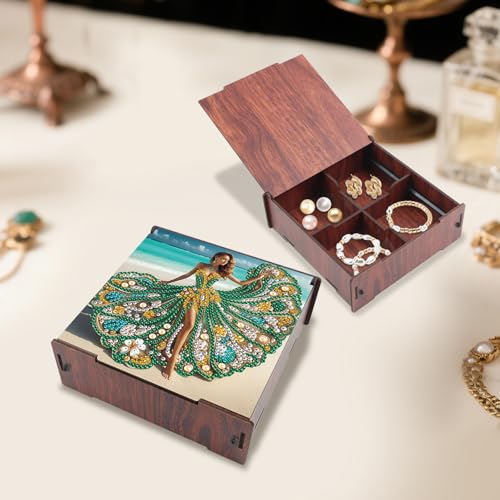 Image of DIY Diamond Art Storage Box, Beach Lady Design Wooden Diamond Painting Organizer with Flip-Top Lid and 4 Compartments, for Craft, Jewelry, and Desktop Storage, Table Decoration Gift Accessories