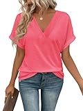 EyMuse Women Tops Short Sleeve V Neck Tees Fashion T Shirts Loose Fit Comfy Soft Casual Summer Blouses 2025,Watermelon Red,M
