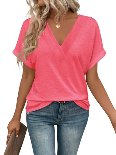 Image of T Shirts Short Sleeve V Neck Tees Womens Tops Beach Vacation Fashion Clothes 2026 Casual Summer Spring Fall Outfits