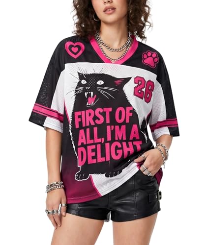 Funny Cat Mesh Jersey T‑Shirt – “First of All I’m a Delight” Black Pink V‑Neck Football Top, Oversized Streetwear Graphic Tee for Women Men, Cute Cat Lover Gift Sport Shirt
