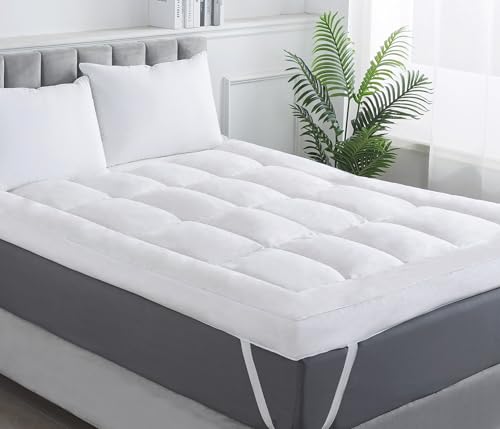 WhatsBedding 5 Inch Memory Foam Mattress Topper Queen Size, 100% Cotton Cover Breathable Fluffy Shredded Memory Foam Filled Pillow Top, Anti-Slip Bottom, 4 Anchor Elastic Bands, 80x60x5 Inch, White