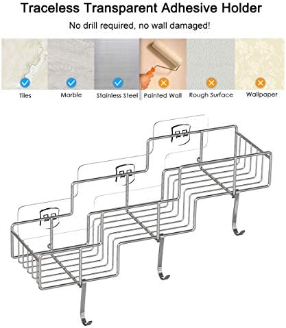 FANHAO Shower Caddy Basket with Hooks for Shampoo Conditioner Bathroom Shelf Storage Organizer Adhesive No Drilling Wall Mounted, Rustproof SUS304 Stainless Steel