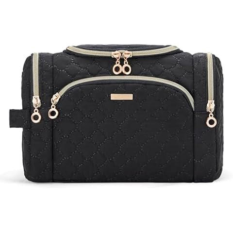 Marvolia Travel Toiletry Bag for Women - Quilted Makeup Bag Wide-open Cosmetic Bag with Multiple Pockets Travel Bag for Toiletries Essentials Accessories(Medium) - Black Cover