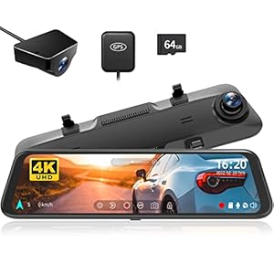 WOLFBOX 12″ 4K Rear View Mirror Camera with 5.8GHz WiFi and Voice Control, Smart Mirror Dash Cam Front and Rear, Backup Camera with 1080P Rear Camera, Dash Cam with WDR, Includes 64GB Card & GPS
