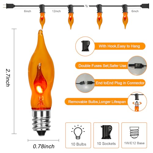 Image of GOOTHY Christmas Orange Flickering Flame String Lights, Outdoor Christmas Decorations Lights with 10 C18 Orange Flicker Flame Bulb for Fireplace Party Garden Patio, 1 Watt, 120 Volt- Black Wire