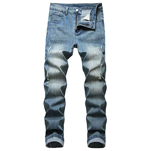 Jeans slim fit homme avec de vrais trous travaillés et denim bleu délavé
