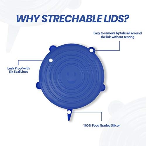 LAKEDO Silicone Bowl Covers Stretch Lids 6 Pack, Blue, Round  Reusable Miracle Stretchy Eco Lids Covers for Bowls, Cups, Microwave, Can & Tin  Round Shaped, White & Blue Color, 6 Sizes