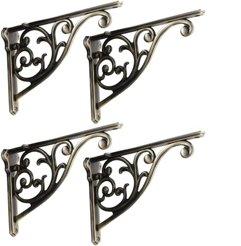 Shelf Brackets 4 Inch 4 Pack Heavy Duty Brushed Antique Brass Wall Bracket Victorian Kitchen Decorative Rack Shelves, Shelf Bracket Available in 8 finishes. (4, Brushed Antique Brass)