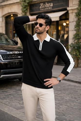Image of Dagcros Mens Polo T-Shirt with White Contrast Collar | Short Sleeve Zipper Neck Casual Top | Smart Casual T-Shirt for Man
