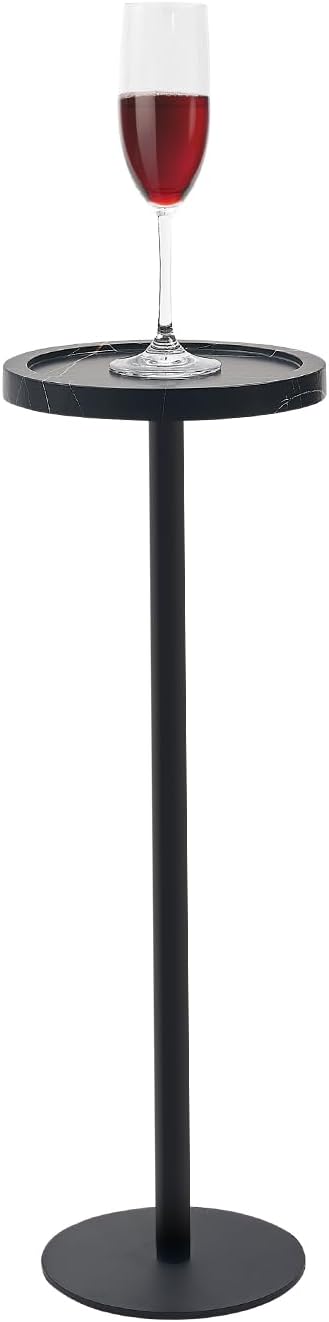 Drink Table, Small Pedestal Side Table, Round Cocktail Table, Accent End Table with Metal Base, for Small Spaces, Marble Black