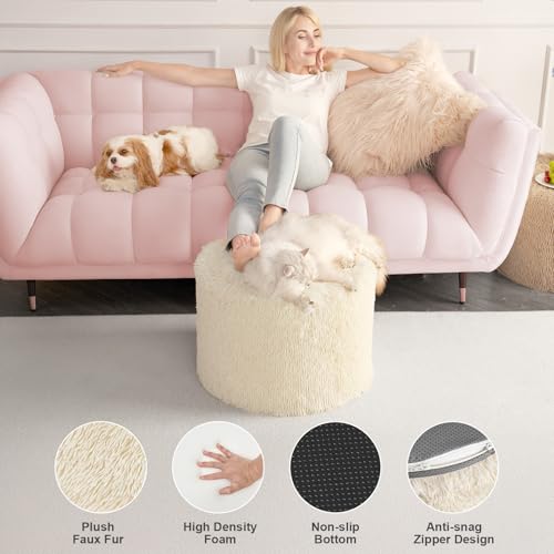 image for Hansleep Round Pouf Ottoman Foot Rest, 17 x 14 Small Faux Fur Stuffed 
