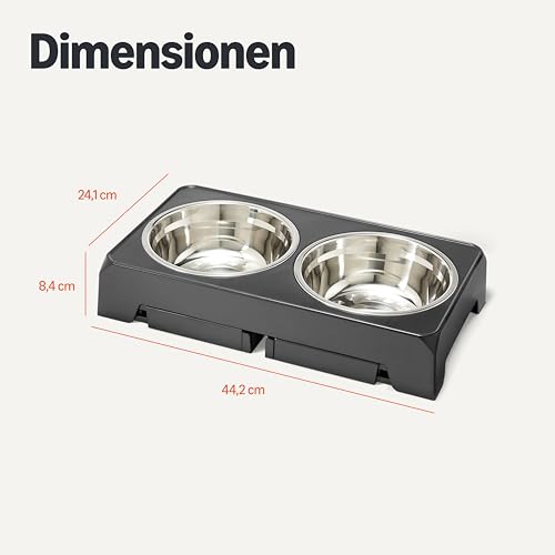 Amazon Basics Erhöhter Hundenapfständer, höhenverstellbarer, erhöhter Napf, Edelstahlnäpfe, rutschfest, Futterschale für Haustiere, 44 x 24 x 30,5 cm, Schwarz
