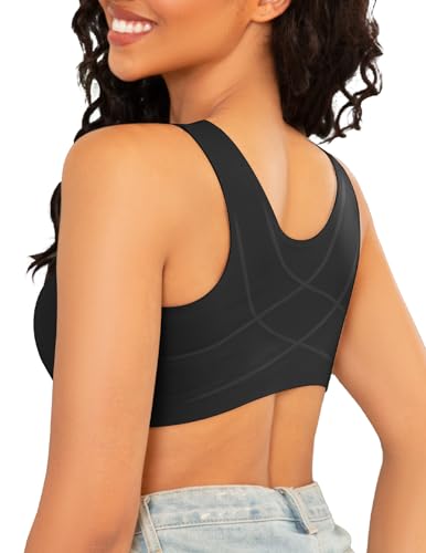 FallSweet Wireless Bras for Women Posture Bra Front Close Hide Back Fat Brassiere Black