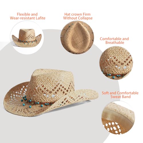 Image of Men's Cowboy Hats Summer Women Beach Cowgirl Hat Raffia Unisex Western Sun Hat