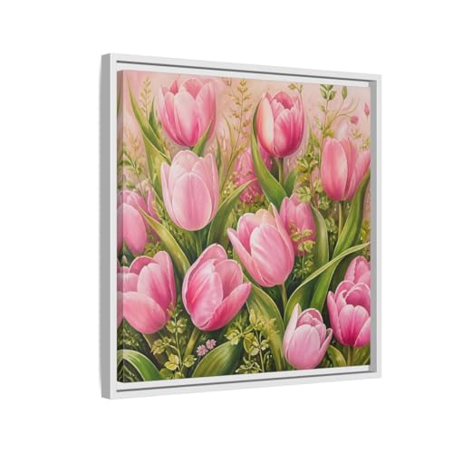 Toile tulipes roses 50x50cm pour habiller un mur vide au-dessus d'un meuble