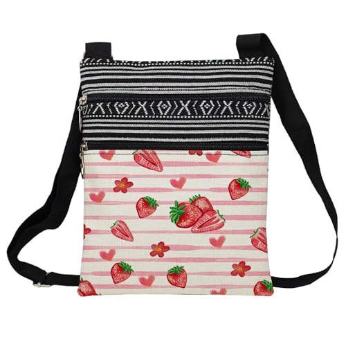 Strawberry Messenger Bag Small Ethnic Pattern Printed Adjustable Strap Crossbody Zipper Bag Strawberry Phone Bag Wallet Cute Shoulder Handbag for Women