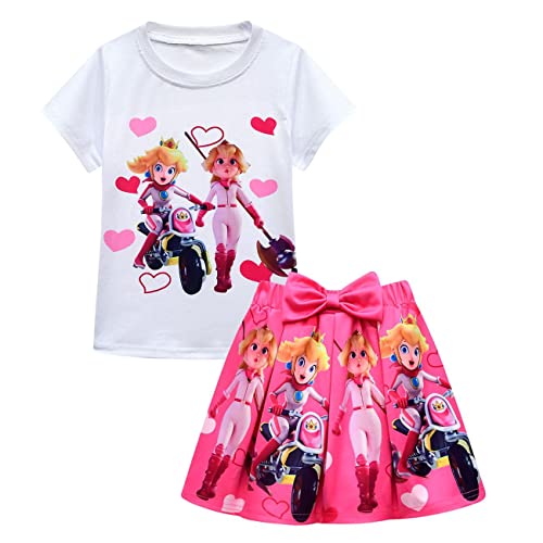 Princess Peach Girls Skirt Super Cute Cartoon Short Sleeve Kids Tutu Skirt Dance Dress 2Pcs Outfit Top Tee (As1, Age, 6_Years, 7_Years, Red) #TOP2