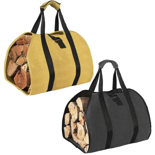 Rionaty 2 Pcs Firewood Carrier - Waxed Canvas Tote Bag, Extra Large Water-Resistant Portable Wood Carrier for Firewood Stove Indoor Outdoor Camping Trip (Brown and Black)