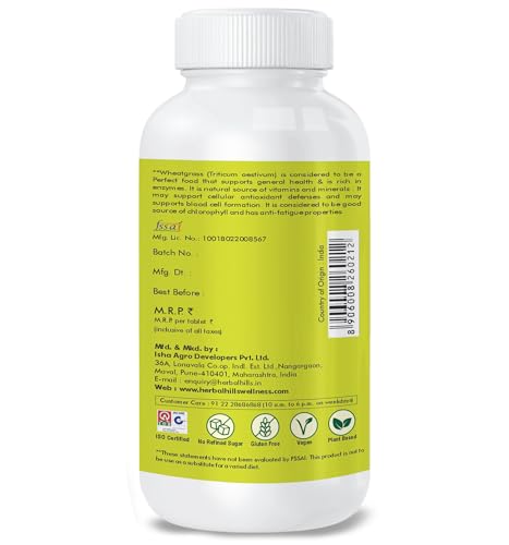 Image of Herbal Hills Wheatgrass Tablets | 120 Tablets | | Natural Antioxidant & Immunity Booster | Supplement | For Energy, Detox & Alkaline Balance | With Pure Wheatgrass Powder Pack of 2