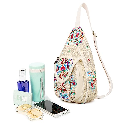 Image of SILKAREA Vintage Floral Small Sling Bag for Women's Chest Purse Handbag Shoulder Bag Travel Embroidered Backpack Purse (Beige Red)