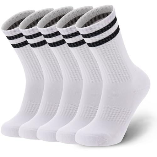 Ultrafun 5 Pairs Striped Crew Socks Cotton Cushioned Athletic Sports Running Socks for Men Women Teens