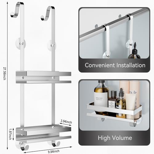 Laimew Duschablage ohne Bohren Badezimmer Organizer, Badregal Duschregal ohne Bohren, Duschablage zum Hängen für Glasduschtüren, Duschregal zum Hängen Shampoo Halterung für Dusche Silber