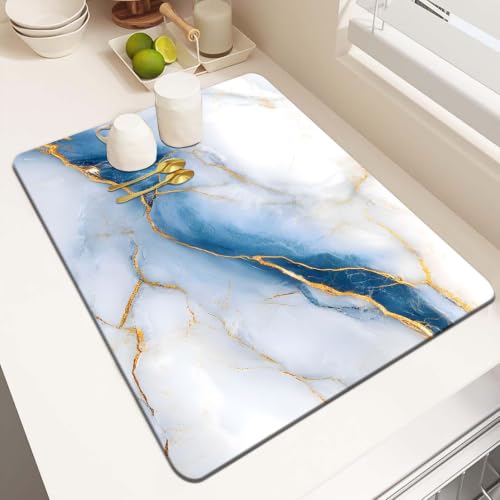 MCALK Marble Texture Dark Blue Dish Drying Mat for Kitchen Counter, Gold White Dish Drying Pad with Anti-Slip Rubber Base, Absorbent Kitchen Sink Mat with Modern Art Decor (1 pc 18" x 16")