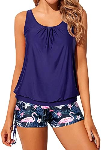 Yonique Blouson Tankini Swimsuits for Women 2 Piece Flamingo Bathing Suits Tops with Boyshorts Modest Loose Fit Swimwear S