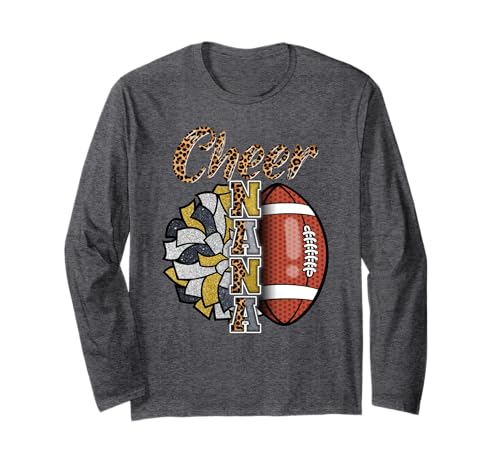 Football Cheer Nana Grandma Gold Black Pom Pom Leopard Long Sleeve T-Shirt