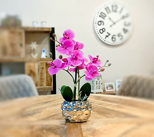 Decoline Künstliche Orchidee 33cm - Blüten lila - Keramik Übertopf Silber Cover