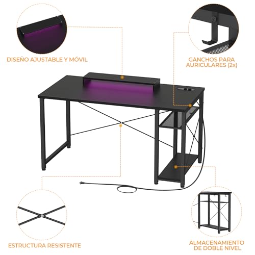 iSunirm Escritorio Gaming Negro 120 cm con LED y Enchufes, Mesa de Ordenador con Soporte de Monitor Ergonómico, Escritorio PC Reversible con Gancho para Auriculares, Estación de Trabajo Estable - imagen 9