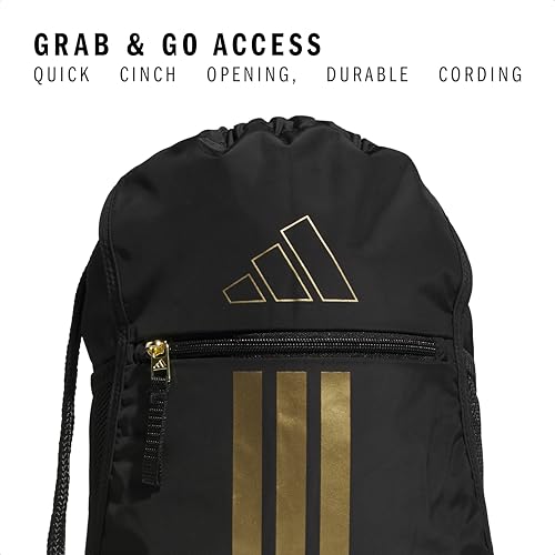 Image of adidas Alliance Sackpack - Drawstring Backpack for Sports, Small Gym, Black /Gold Metallic /3, One Size, Alliance Sackpack - Drawstring Backpack Small Bag for Men and Women