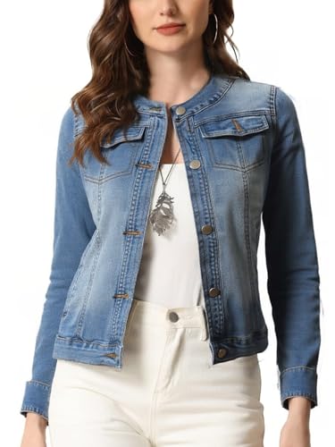 Image of Ellunis Women’s Denim Jacket Cropped Short Length Collarless Round Neck Casual Jean Jacket