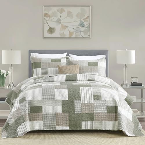 Size Quilt Set, 100 Cotton Comforter Set, Farmhouse Queen Green/Brown