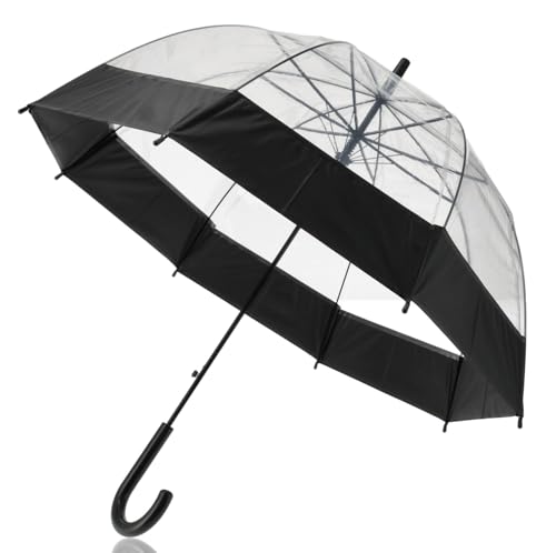Parapluie dôme transparent noir de 90 cm avec poignée en J pour homme et femme