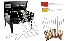 Inditradition Combo Pack Briefcase Charcoal Barbeque Grill With 12 Skewers, Fork, Tong, Oil Brush & Spatula (Metal, Black), Free Standing