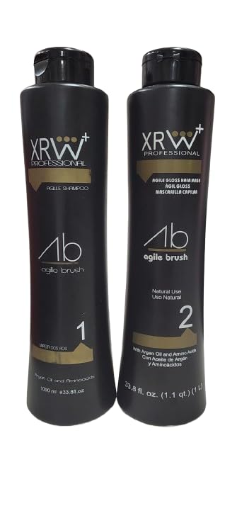 Keratin Agile Brush XRW with Argan Oil and Amino Acids. Brazilian Hair Smoothing System Anti Frizz Active, Anti Residue Shampoo And Repair Mask - (2x1000 ML)