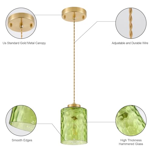 Image of MWZ Gold Pendant Lights Kitchen Island 3 Pack, Modern Hanging Kitchen Pendant Lighting Over Sink with Green Hammered Glass Shade,Small Chandeliers Fixtures Adjustable Cord Hanging Lighting