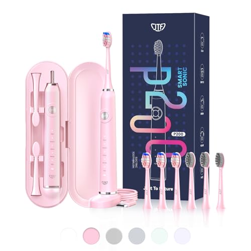 JTF Sonic Electric Toothbrush with 6 Brush Heads (2 Types) for Adults and Kids, Deep Clean Rechargeable Toothbrush, 5 Modes, 60 Day Battery & Timer, IPX7 Waterproof, Travel Case, Charging Base, Pink